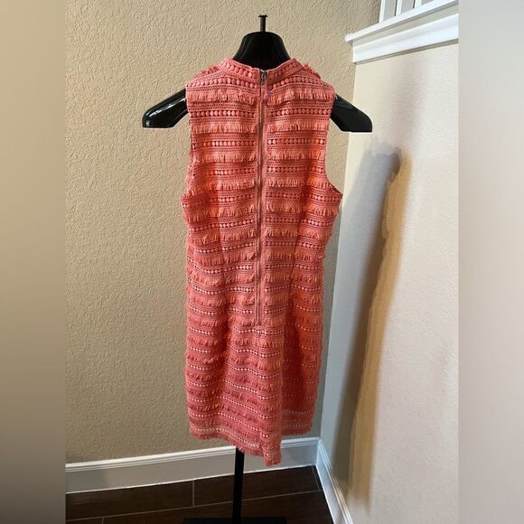 J. Crew Sheath Dress Coral Pink Fringe Corchet Lined Mock Neck Sleeveless sz 4 - Picture 8 of 11